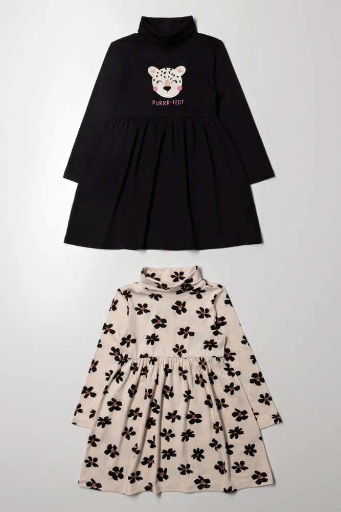 2 Pack Poloneck Dress Black And Natural