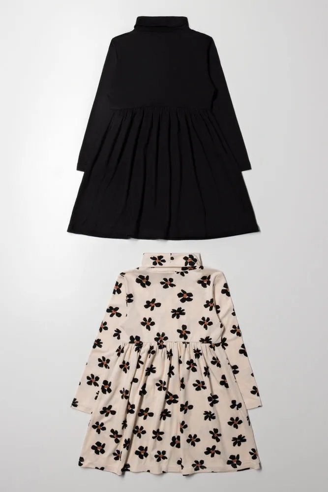 2 Pack Poloneck Dress Black And Natural