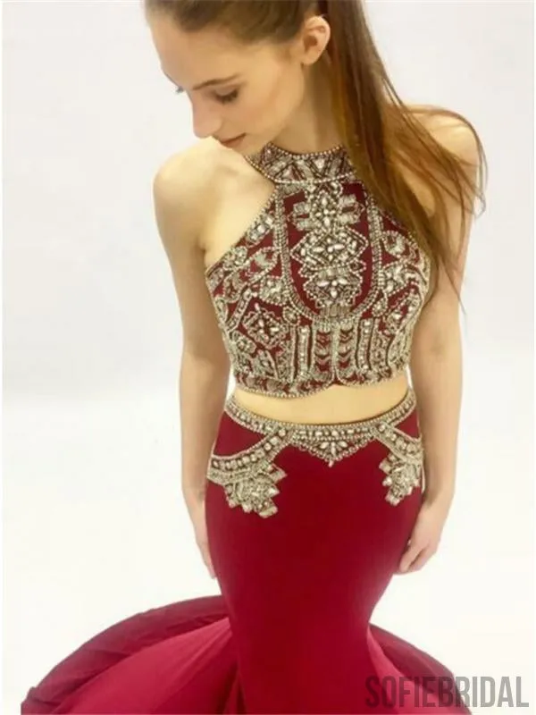 2 Pieces Prom Dresses, Rhinestone Beaded Prom Dresses, Long Prom Dresses, PD0611