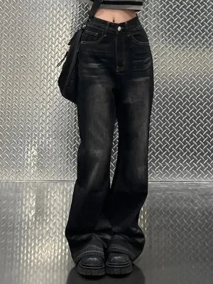 2000er Schwarze Boyfriend Flare Jeans mit verblasstem Effekt