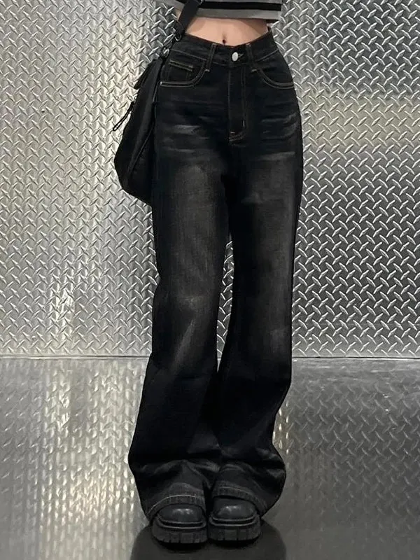 2000er Schwarze Boyfriend Flare Jeans mit verblasstem Effekt