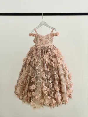 3D Floral Pink Lace Tulle Long Wedding Flower Girl Dress Couture Gown