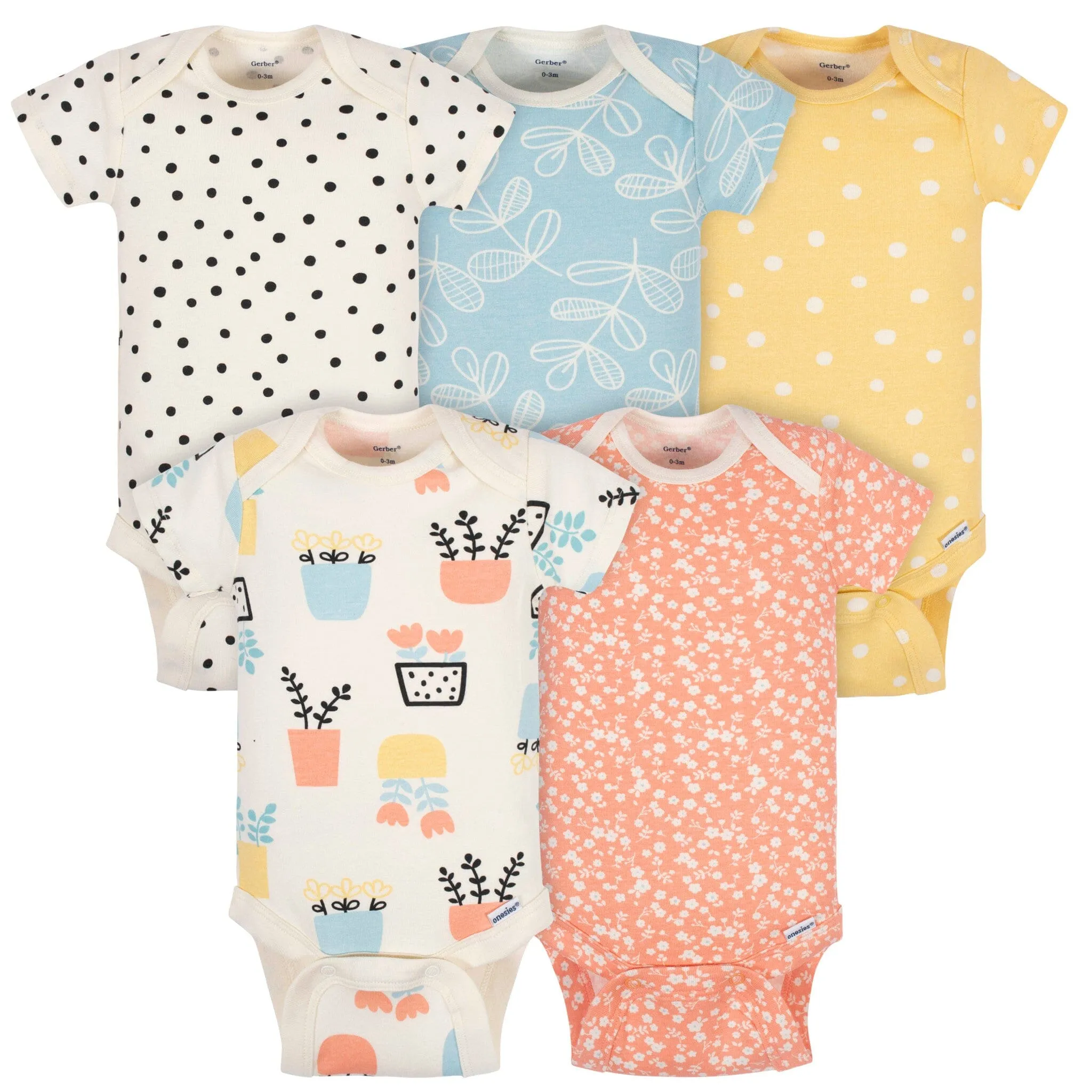 5-Pack Baby Girls Comfy Stretch Flower Pot Short Sleeve Onesies® Bodysuits