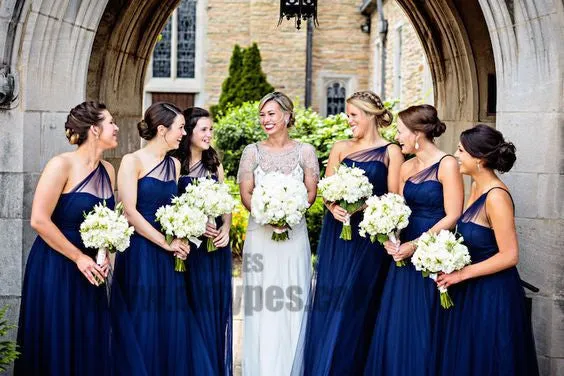 A-Line One-Shoulder Long Royal Blue Tulle Bridesmaid Dresses, Bridesmaid Dresses, TYP0704