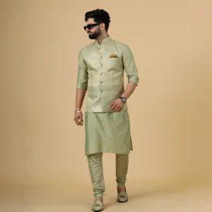 Alluring Lime Gold Banarsi Silk Half Jodhpuri Jacket with Lime Green Kurta-Pajama for Men