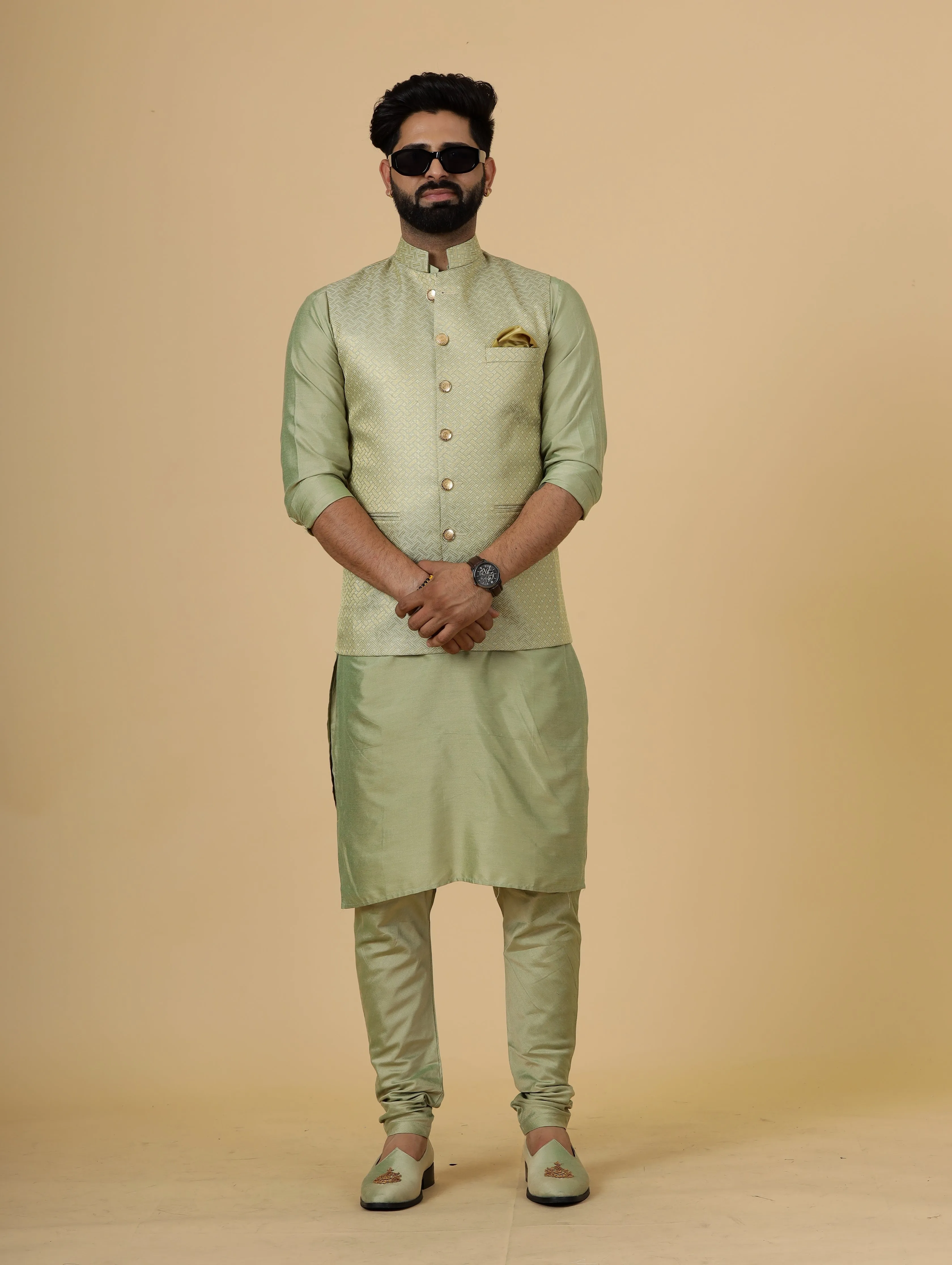 Alluring Lime Gold Banarsi Silk Half Jodhpuri Jacket with Lime Green Kurta-Pajama for Men