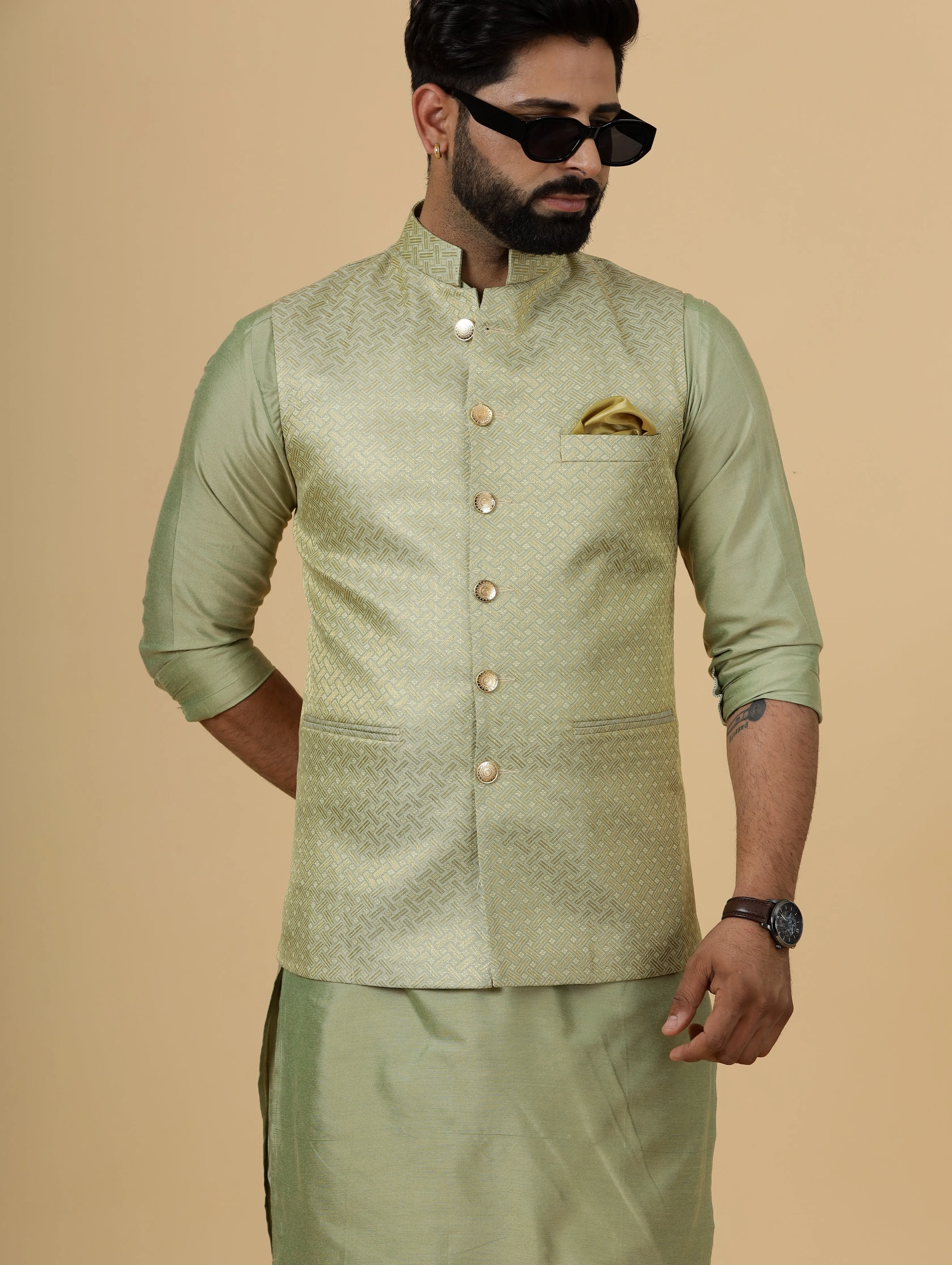 Alluring Lime Gold Banarsi Silk Half Jodhpuri Jacket with Lime Green Kurta-Pajama for Men