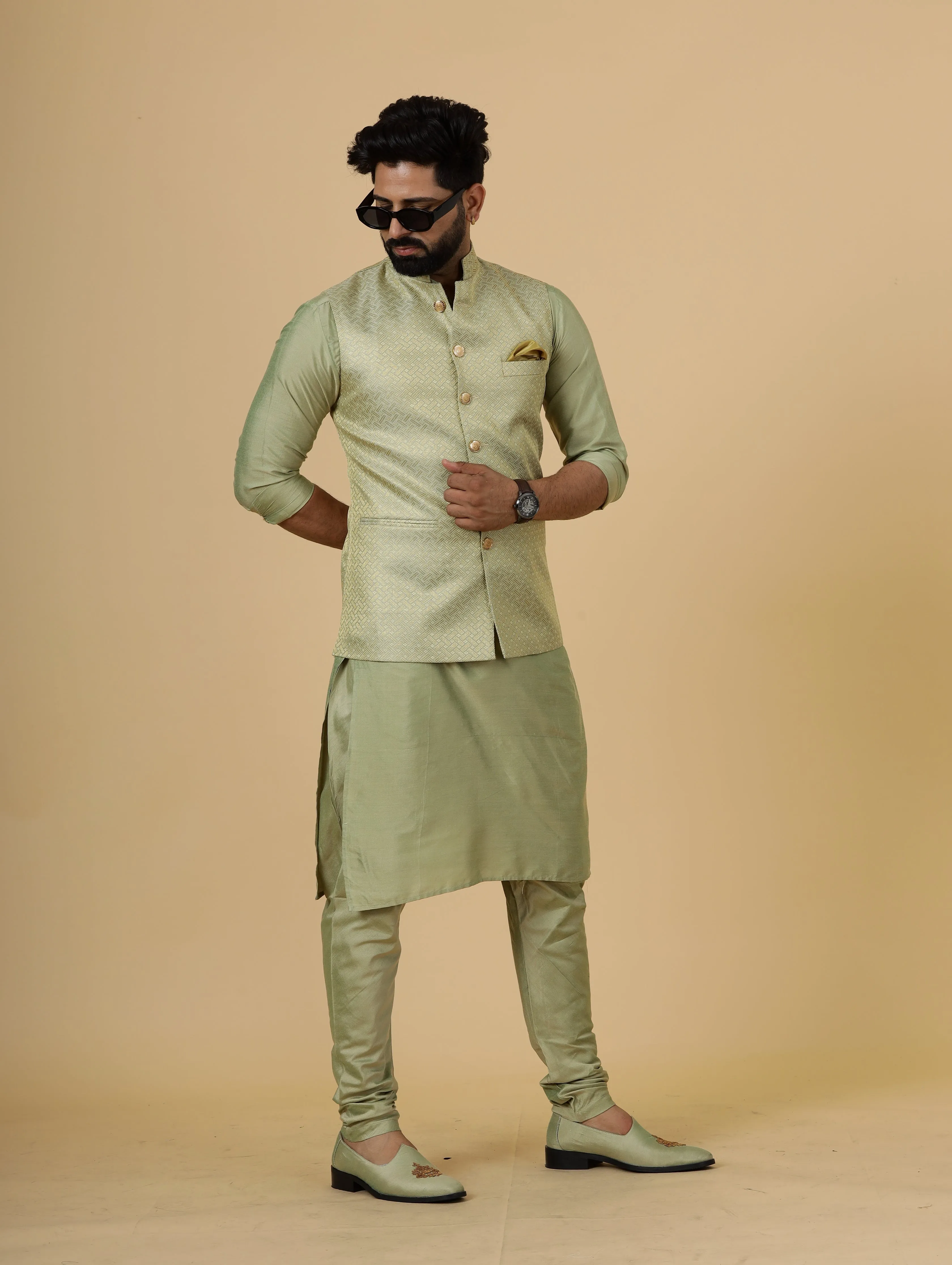Alluring Lime Gold Banarsi Silk Half Jodhpuri Jacket with Lime Green Kurta-Pajama for Men