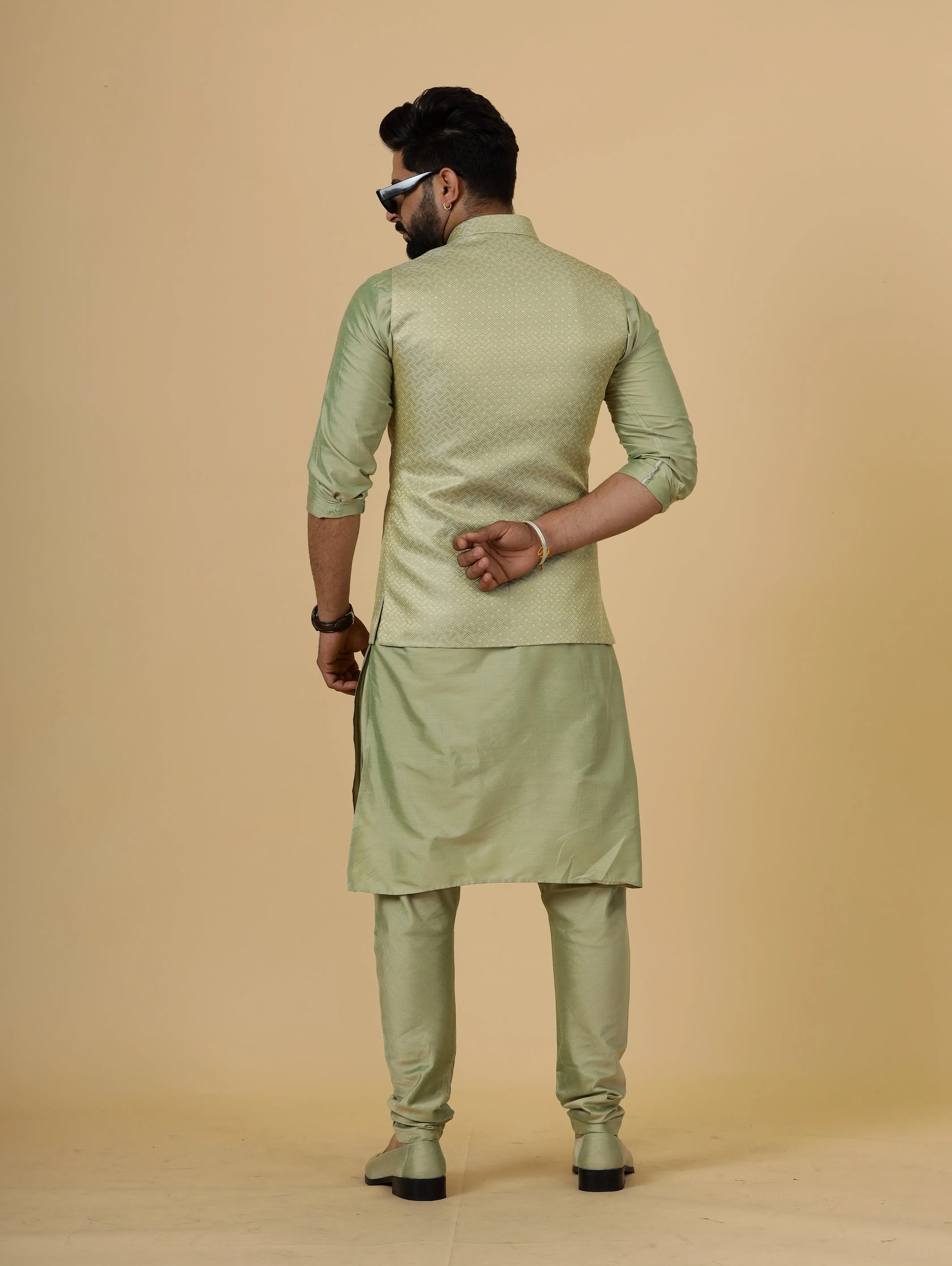 Alluring Lime Gold Banarsi Silk Half Jodhpuri Jacket with Lime Green Kurta-Pajama for Men