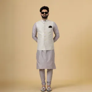 Alluring Mocha Brown Thread Embroidered Silk Half Jodhpuri Jacket with Lilac Kurta-Pajama for Men