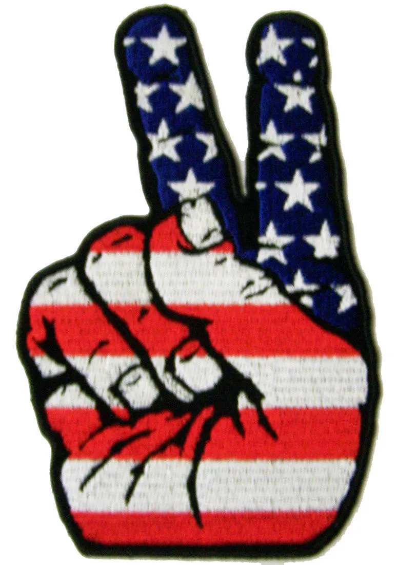 American Flag Patriotic Hand Peace Sign 5 Inch Embroidered Patch - Wholesale