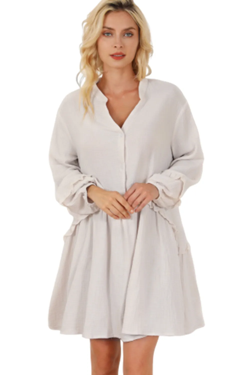 Apricot Frill Trim Half Buttoned Textured Dress