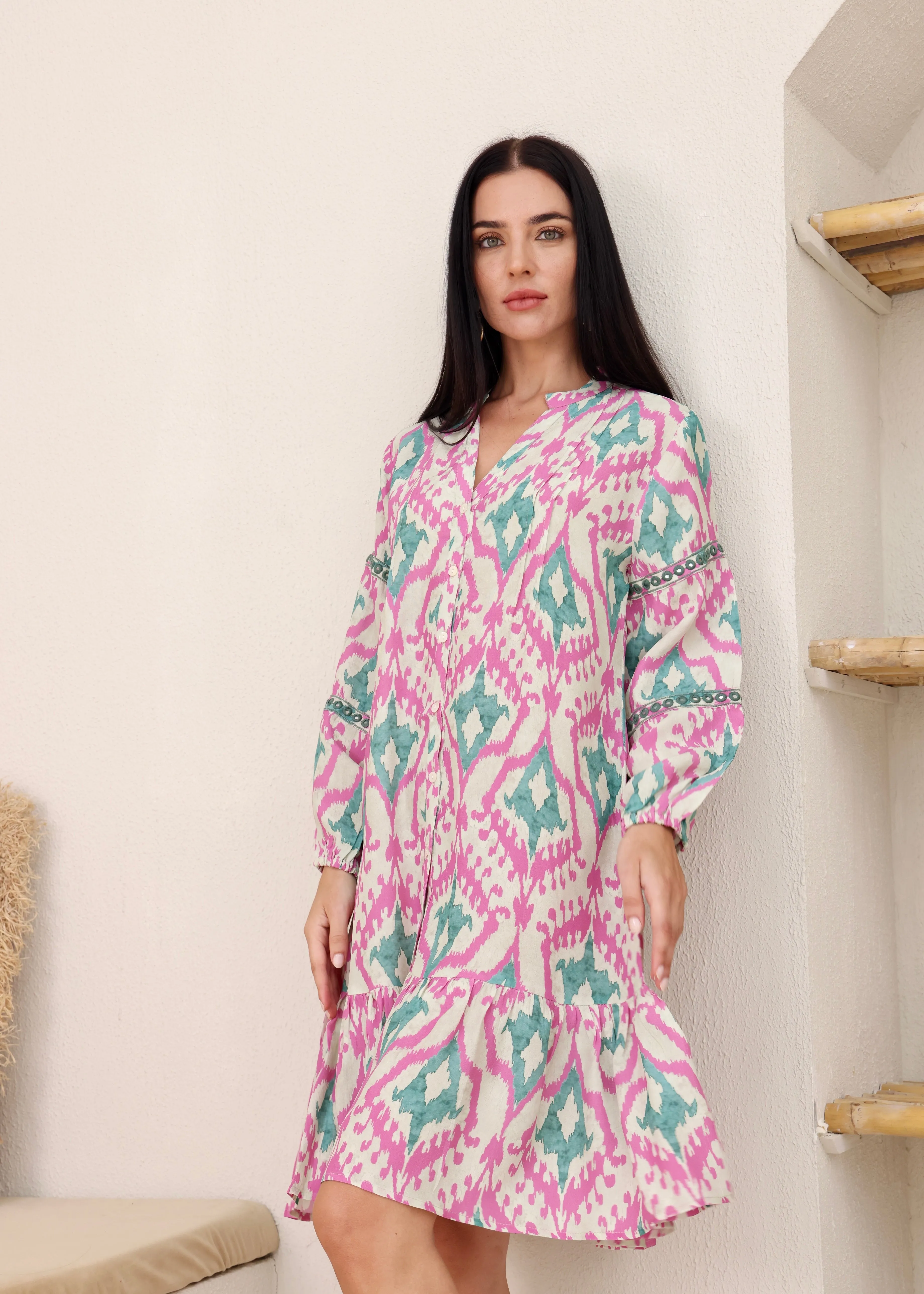 AYNA SMOCK DRESS - MINT/PINK