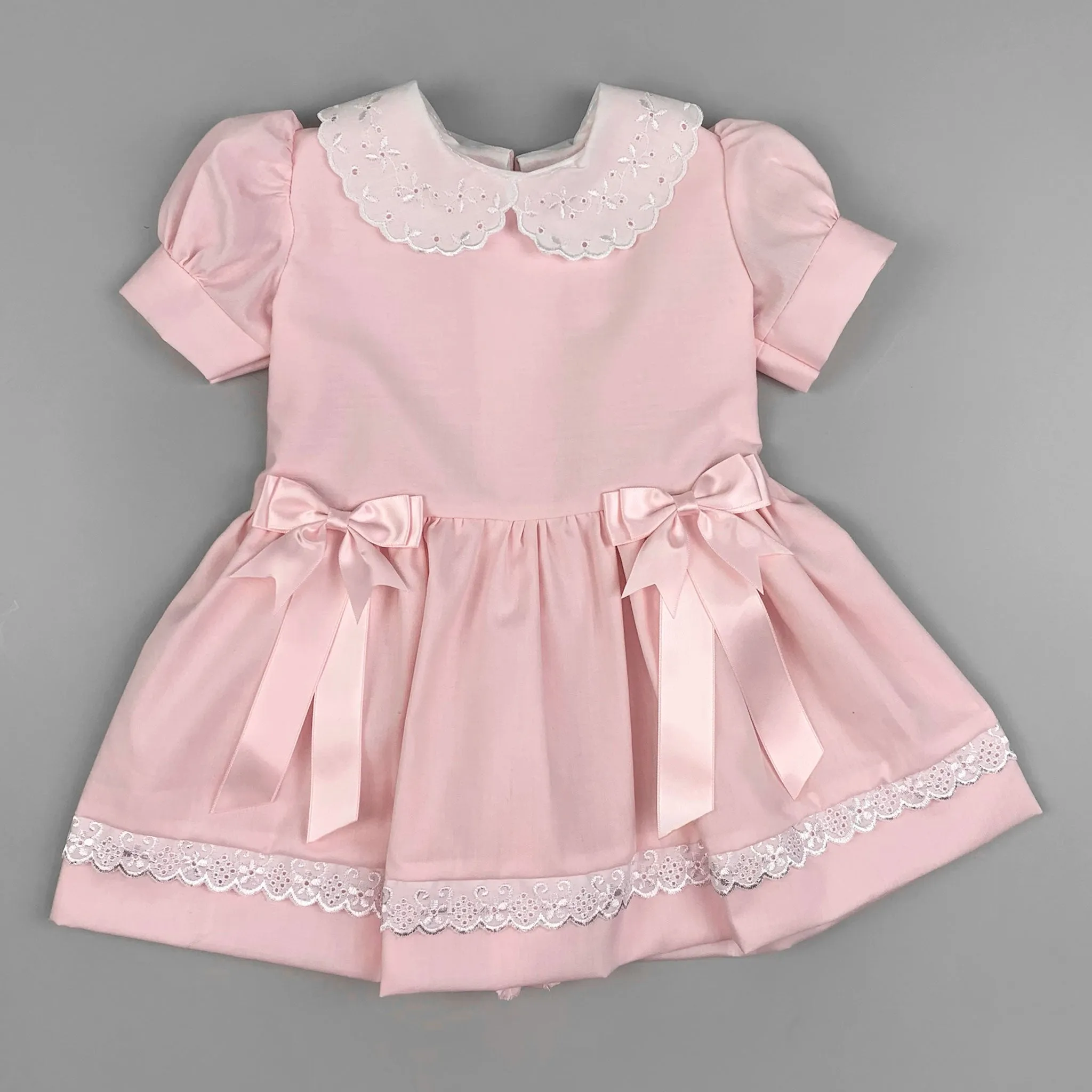 Baby Girl Pink Summer Dress – Satin Bows & Broderie Anglaise Collar