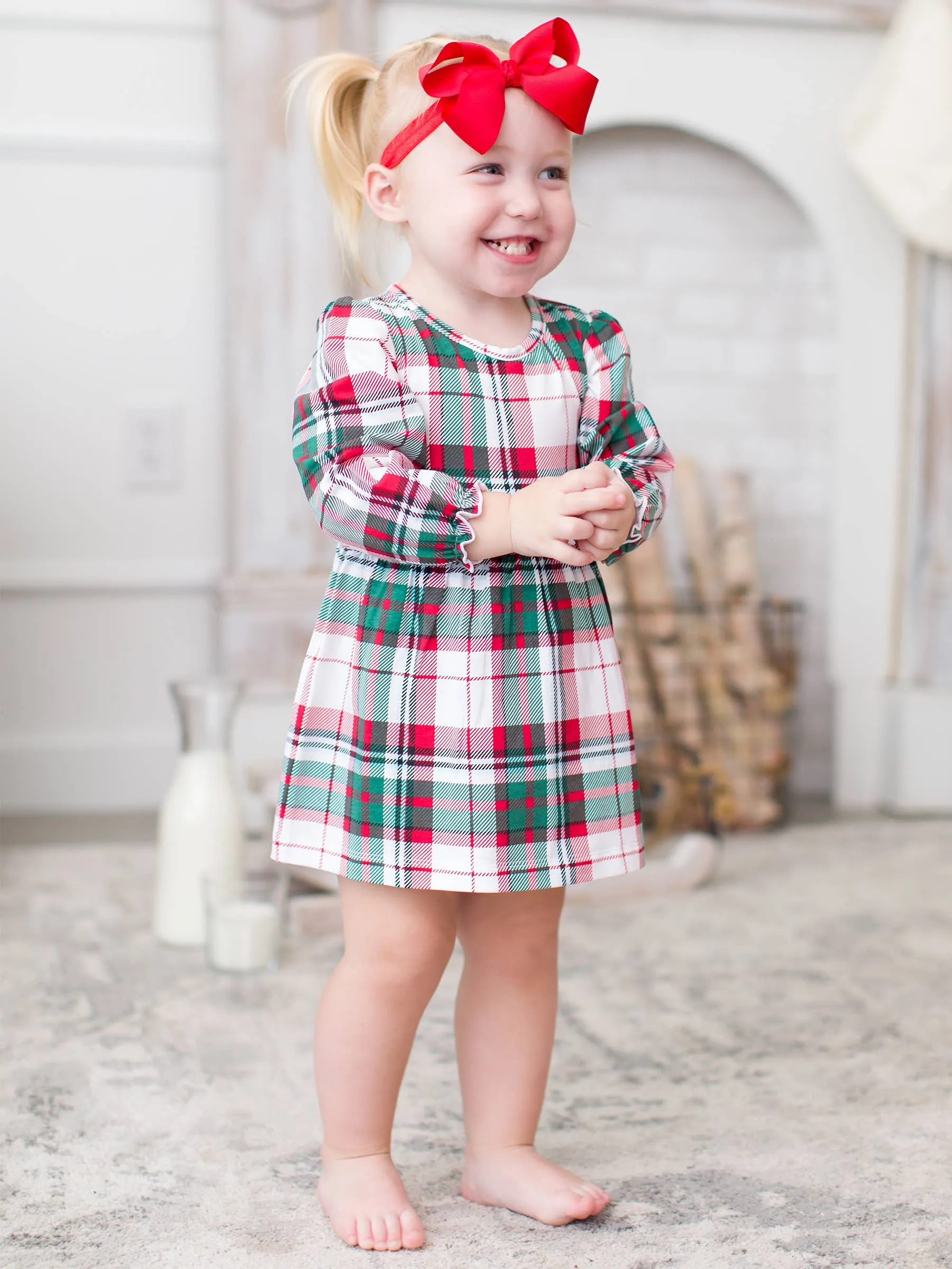 Baby Girls Dashing Dreams Plaid Knit Long Sleeve Skirted Romper