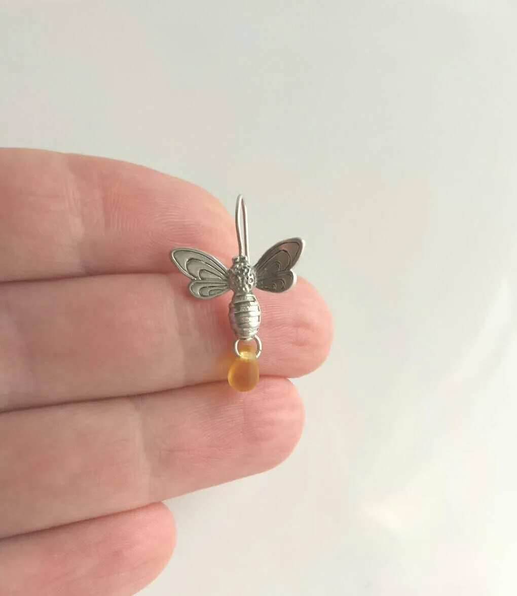 Bee Earrings - silver matte finish flying honeybee hooks with small simple glass honey drop dangle - fresh from the hive - bumblebee buzz