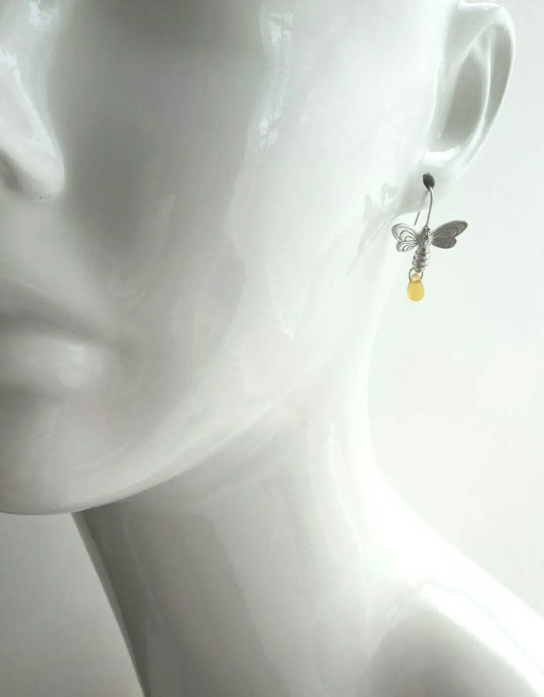 Bee Earrings - silver matte finish flying honeybee hooks with small simple glass honey drop dangle - fresh from the hive - bumblebee buzz