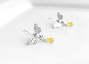 Bee Earrings - silver matte finish flying honeybee hooks with small simple glass honey drop dangle - fresh from the hive - bumblebee buzz