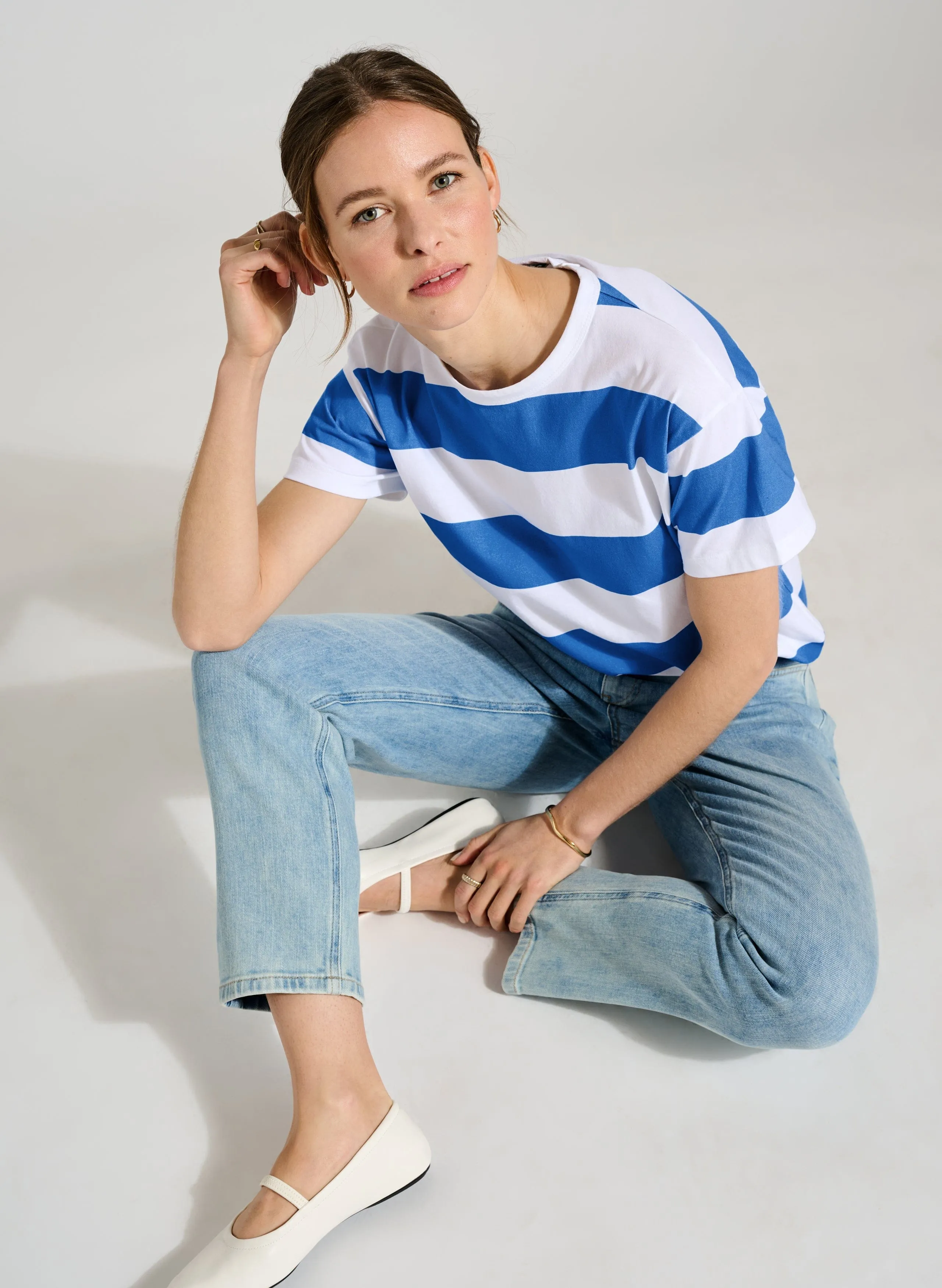 Beryl Regenerative Cotton Tee | Pure White & Azure Blue Stripe