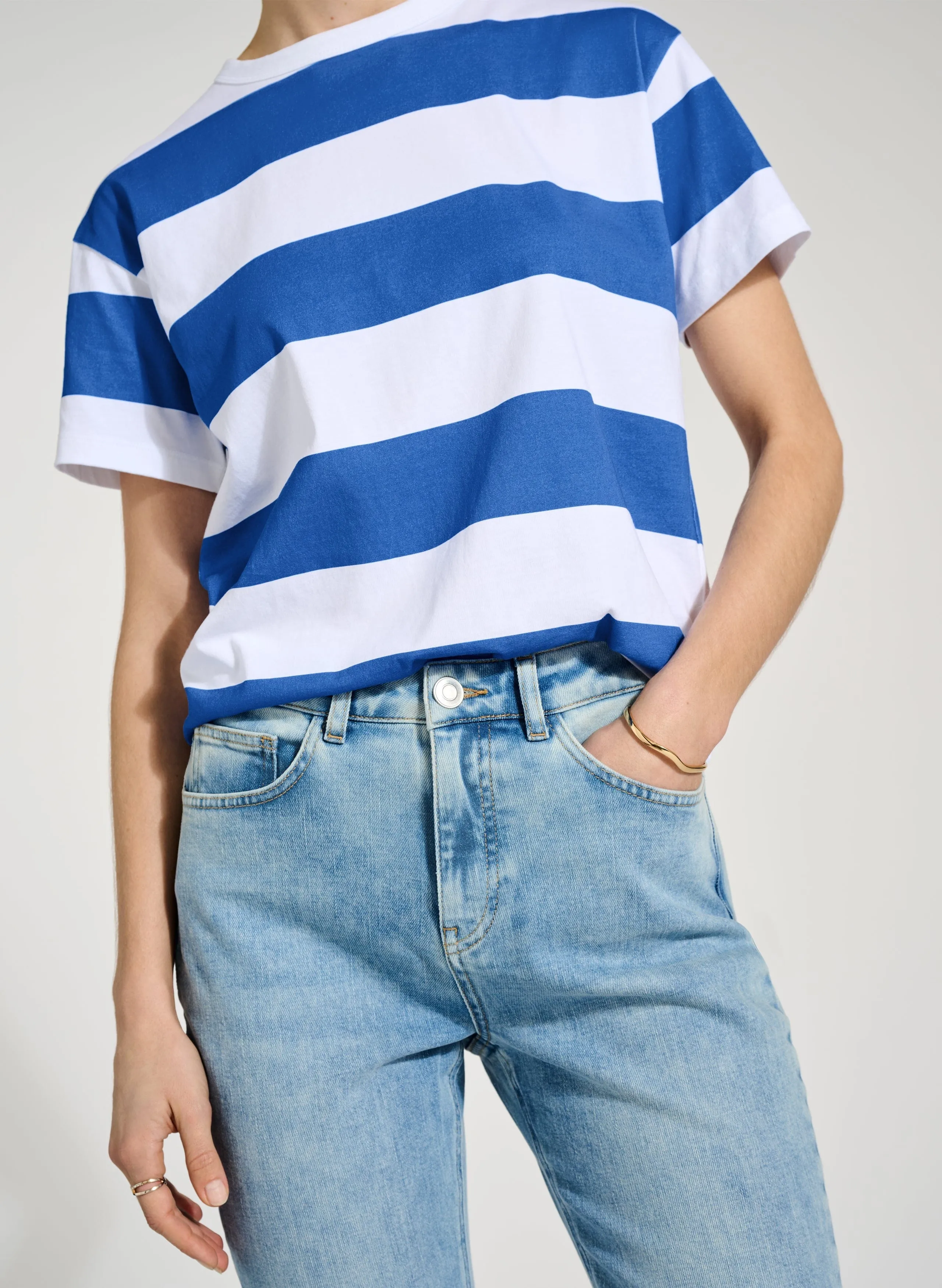 Beryl Regenerative Cotton Tee | Pure White & Azure Blue Stripe