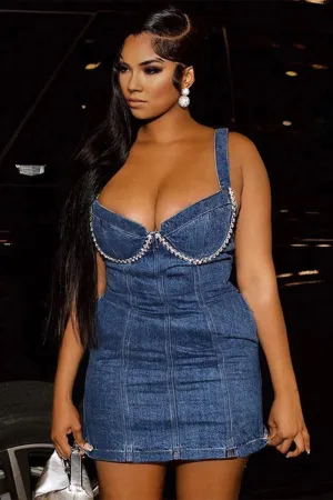 BI0349 Rhinestones Denim Mini Dress