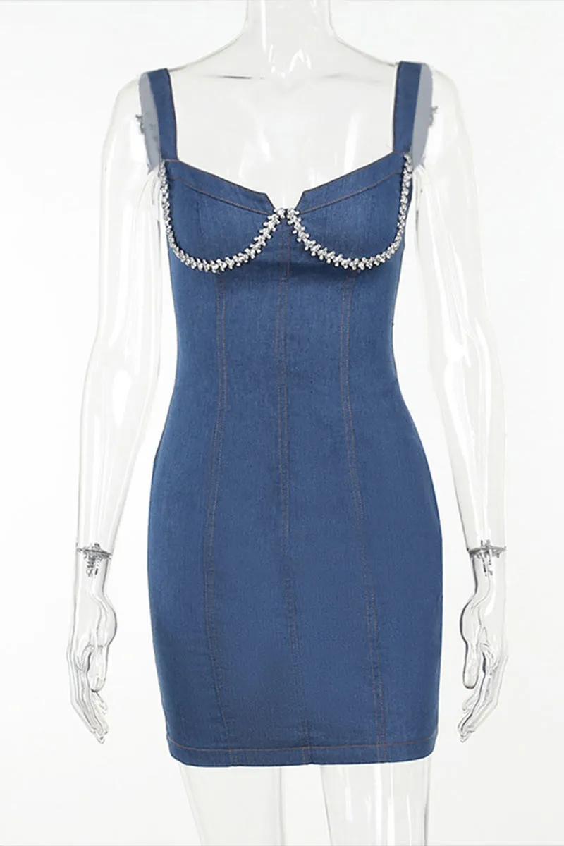 BI0349 Rhinestones Denim Mini Dress