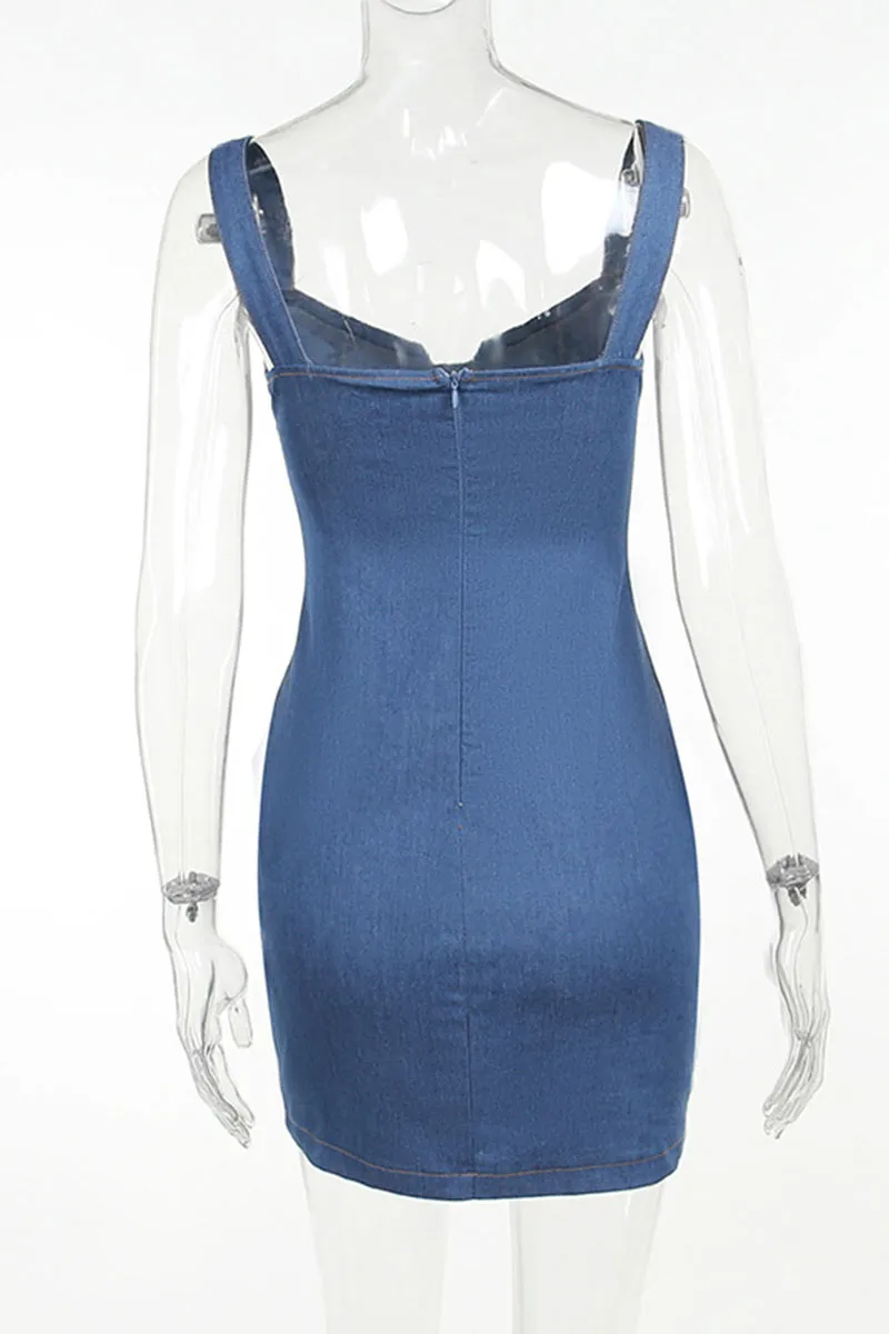 BI0349 Rhinestones Denim Mini Dress