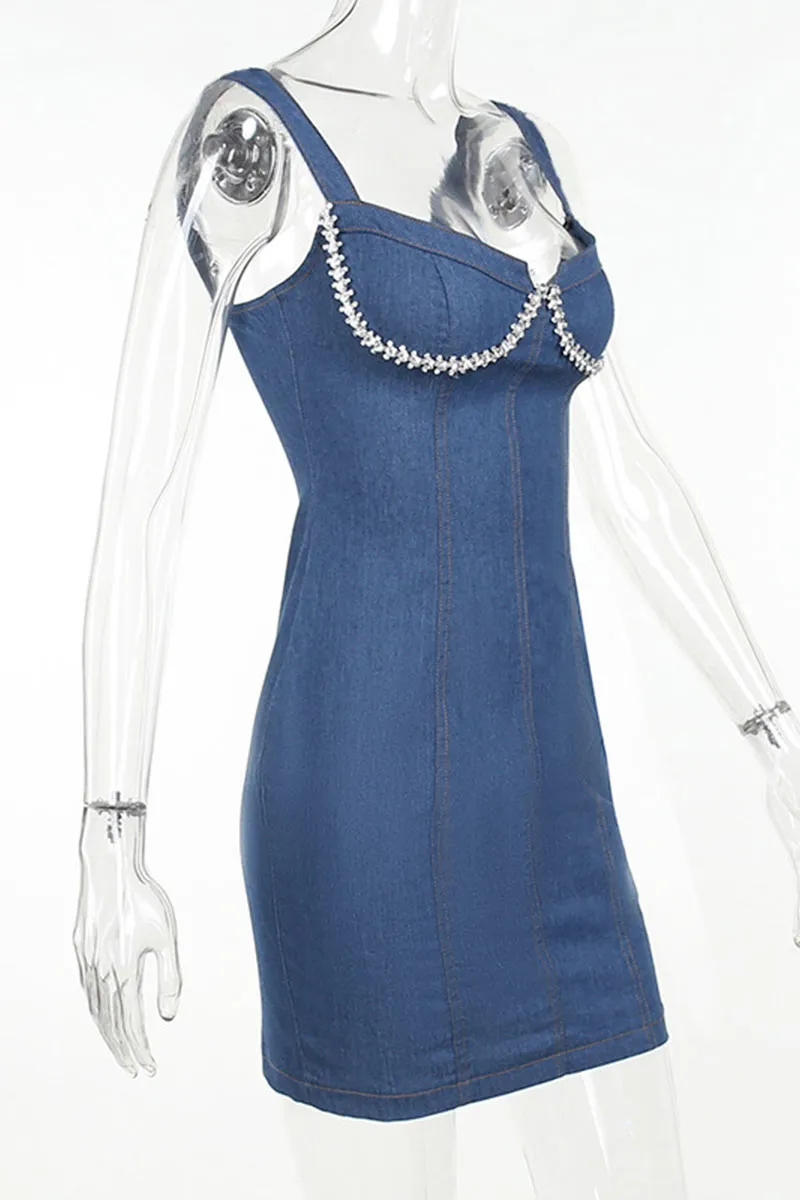 BI0349 Rhinestones Denim Mini Dress