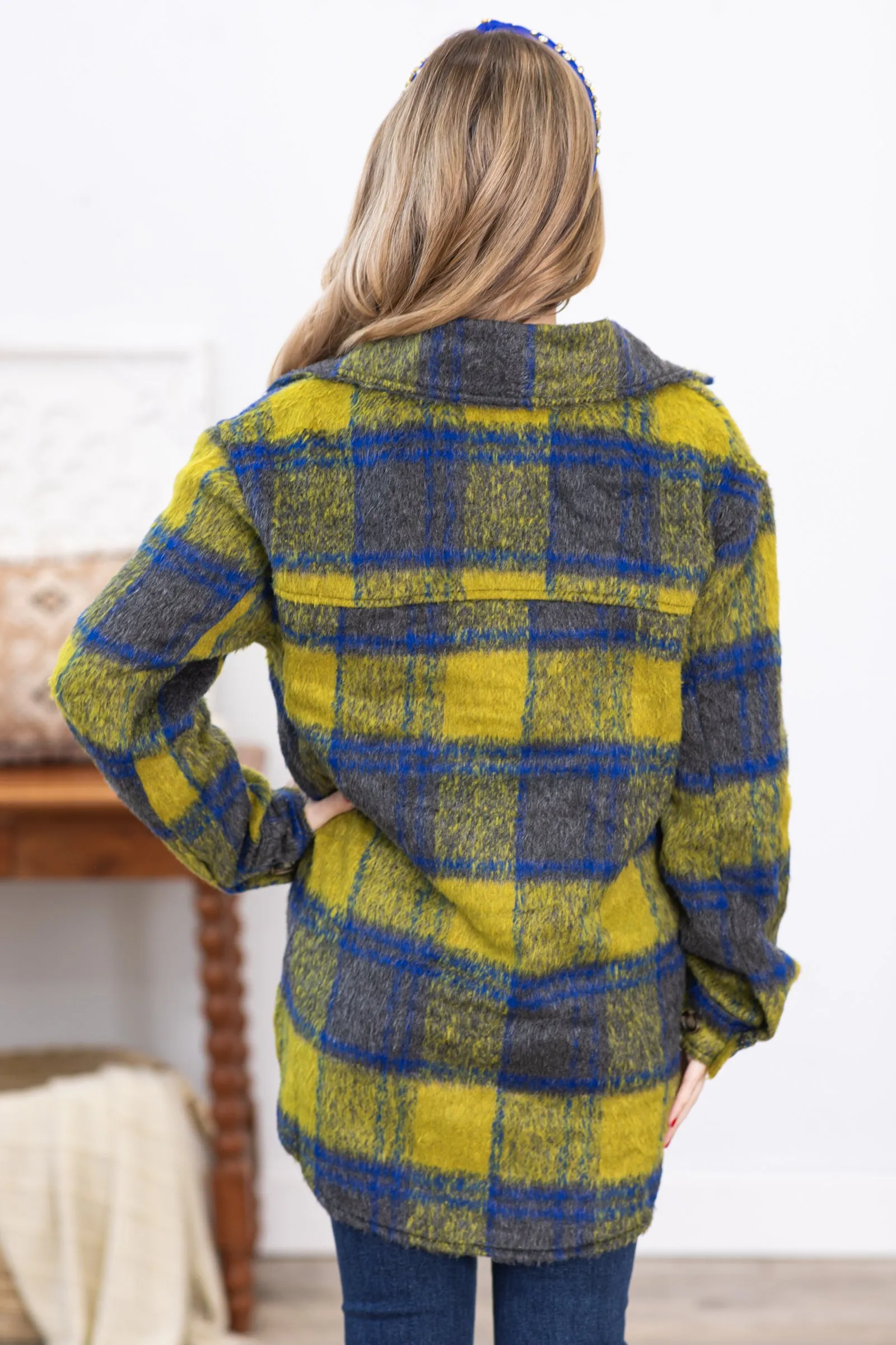 Blue and Light Olive Plaid Shacket