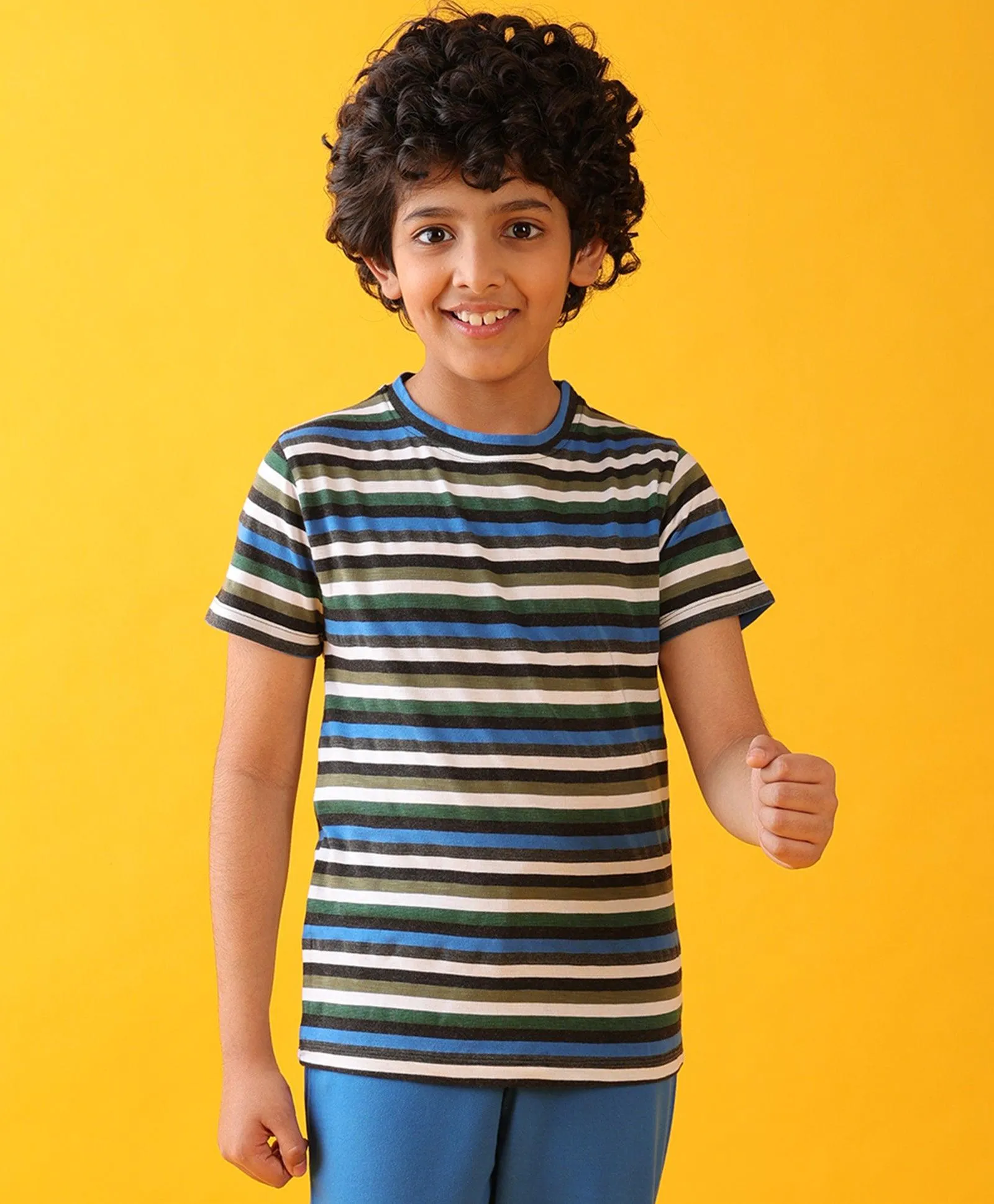 BLUE GREEN WHITE STRIPED BOYS SHORT SLEEVES T-SHIRT - MULTI