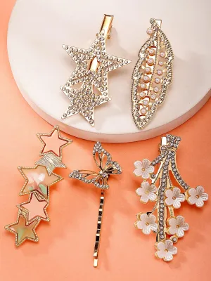 Bohey by KARATCART Set of 5 Gold Plated Embellished Alligator Hair Clips for Women
