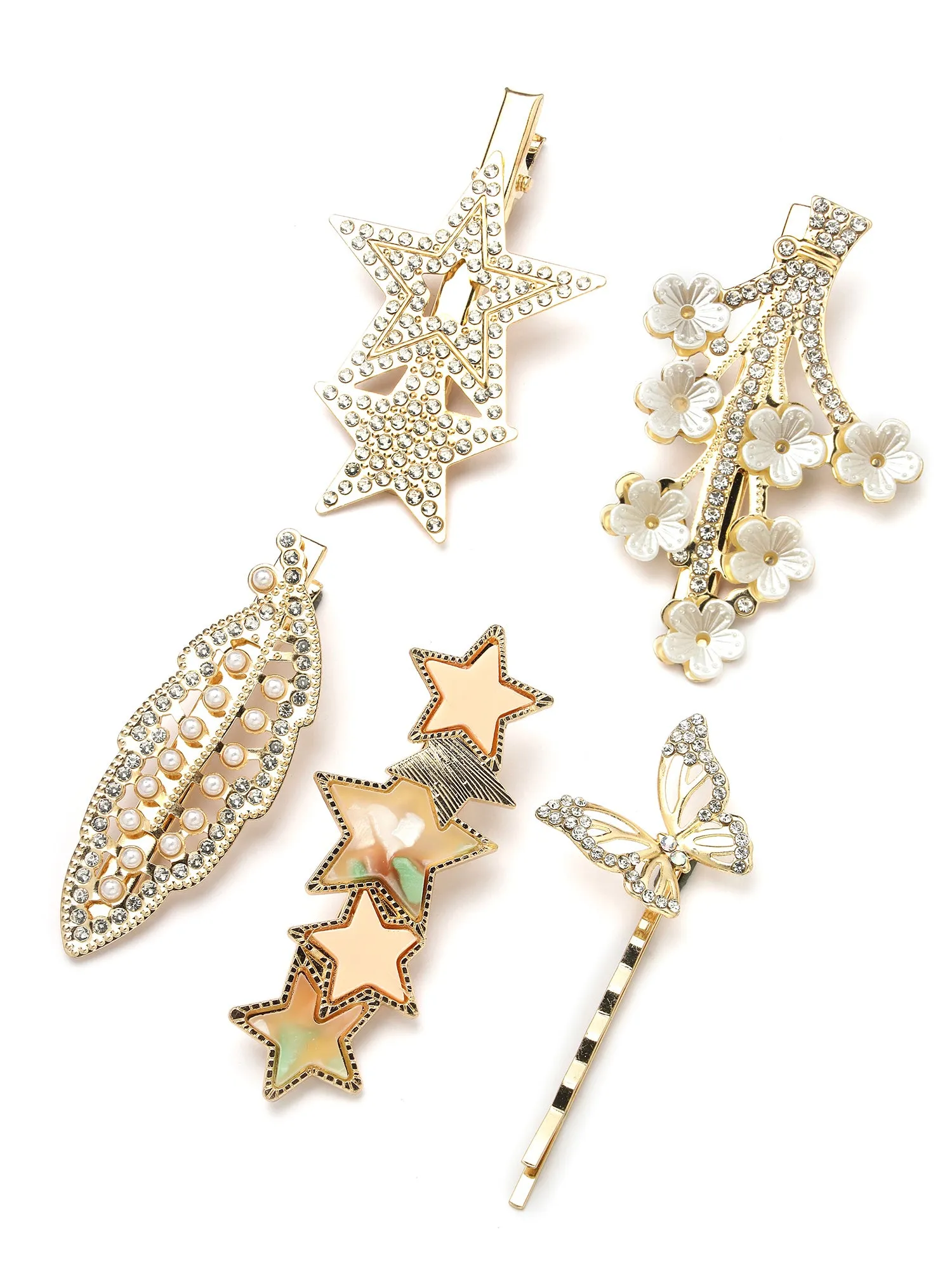 Bohey by KARATCART Set of 5 Gold Plated Embellished Alligator Hair Clips for Women