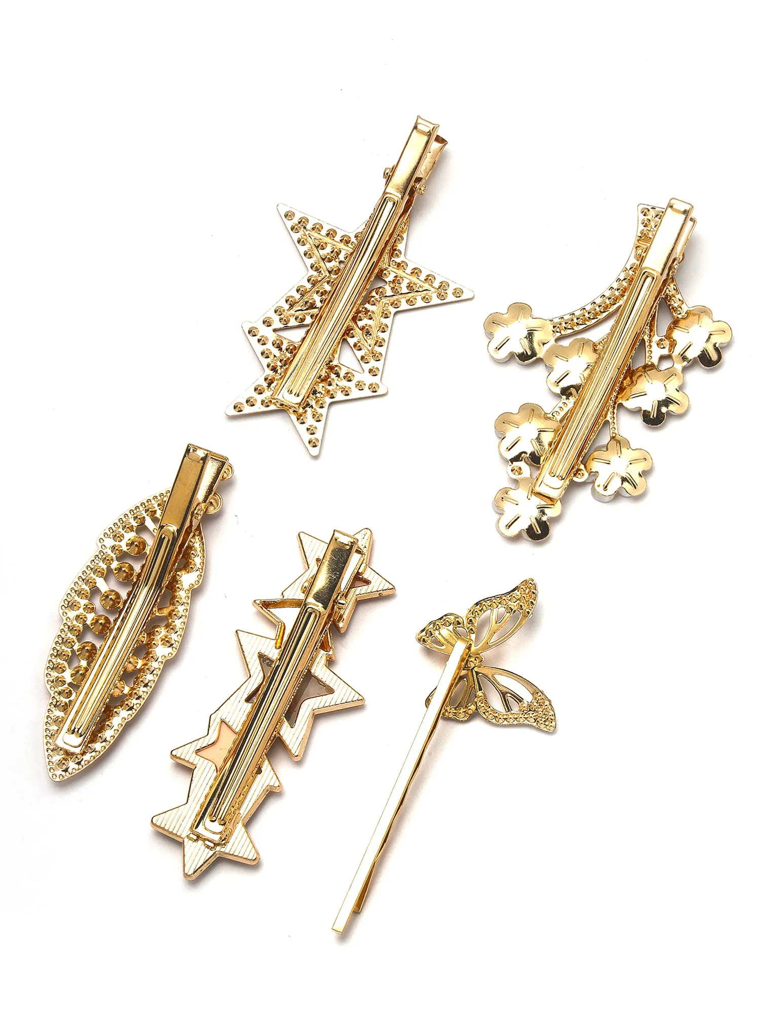 Bohey by KARATCART Set of 5 Gold Plated Embellished Alligator Hair Clips for Women