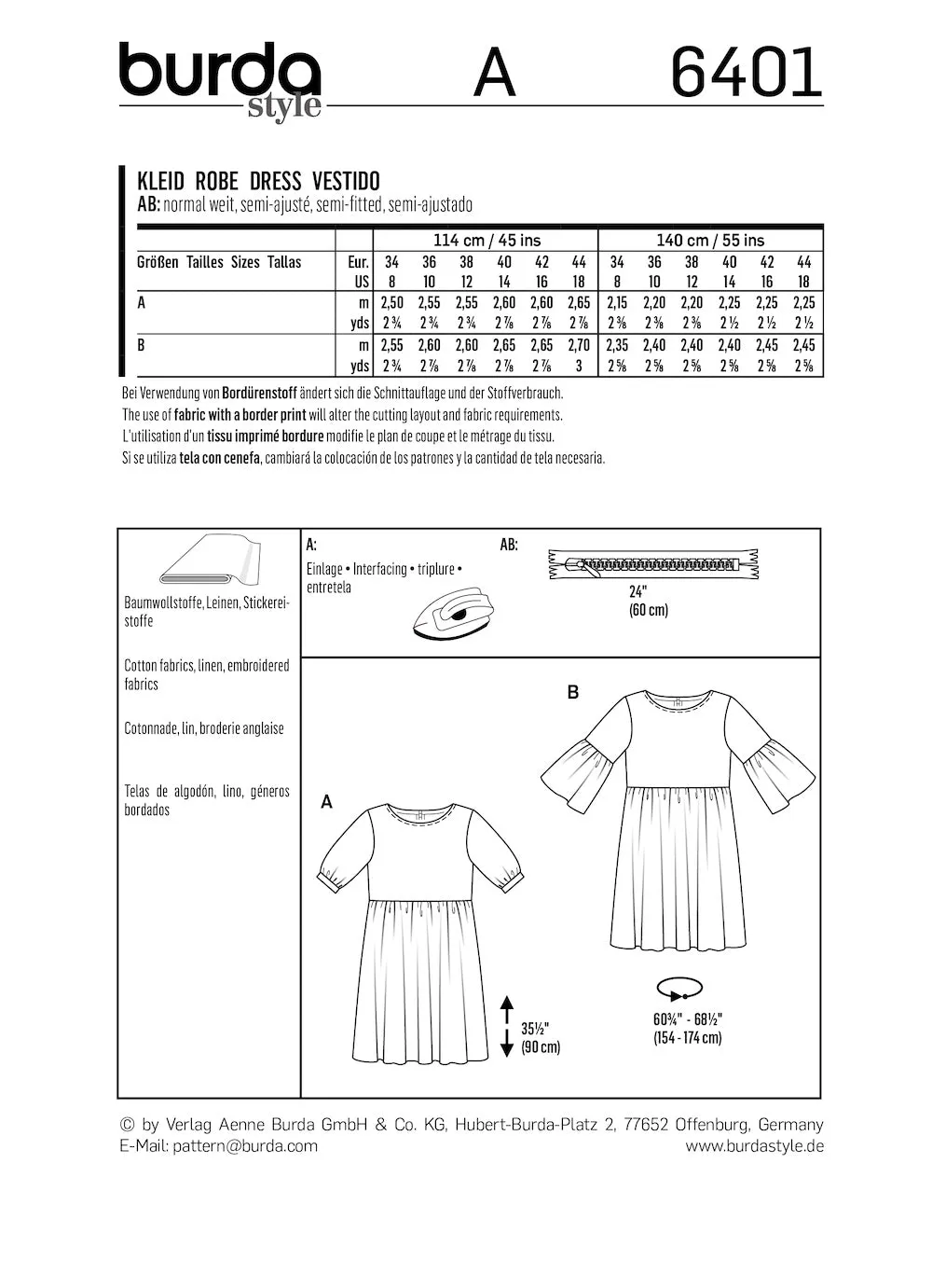 Burda Pattern 6401 Misses' Swing Dress with Sleeve Variations (8-18)