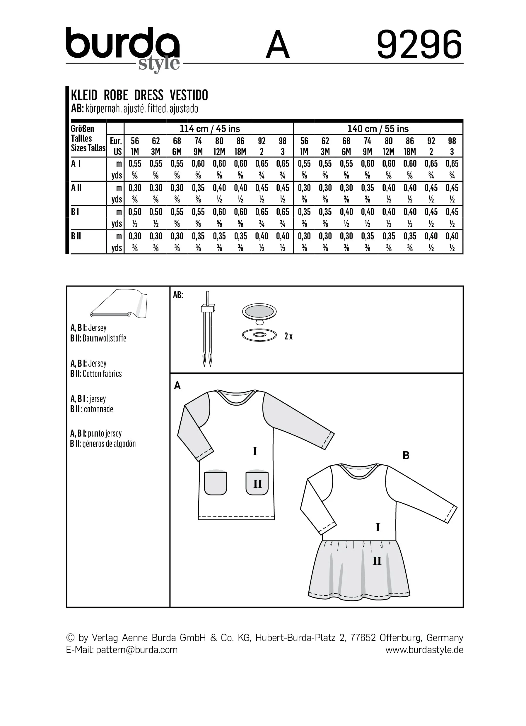 Burda Pattern 9296 Misses' Babies' Pull-On Dresses (1M-3)