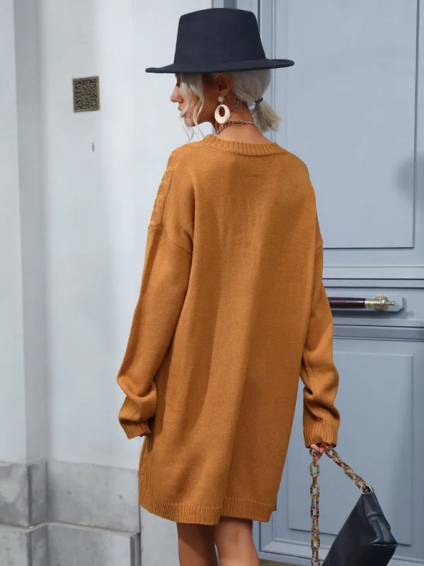 Cable Knit Long Sleeve Sweater Dress with Round Neck