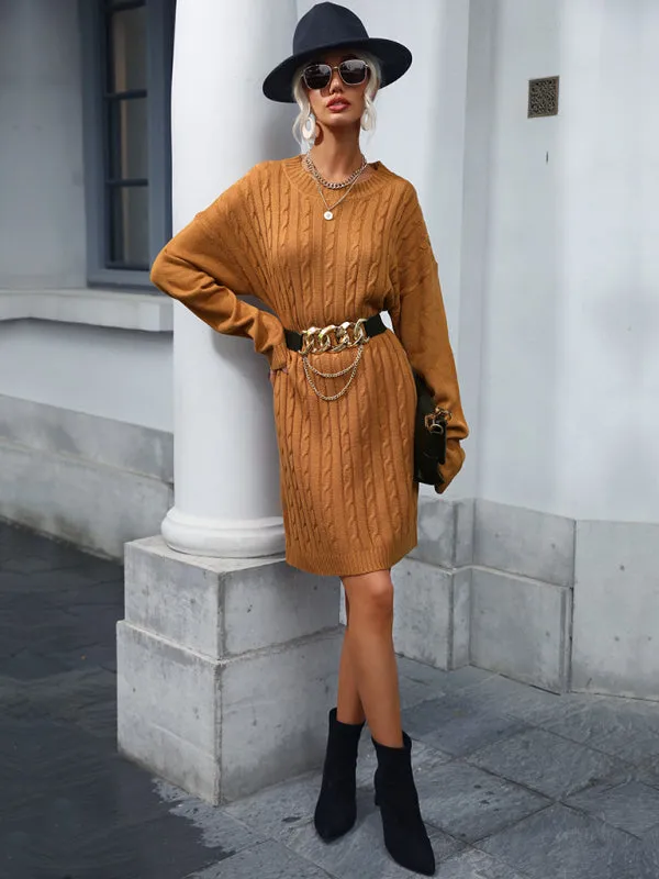 Cable Knit Long Sleeve Sweater Dress with Round Neck