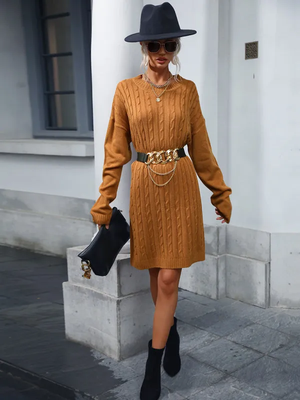 Cable Knit Long Sleeve Sweater Dress with Round Neck