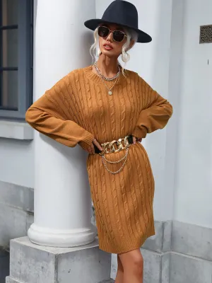 Cable Knit Long Sleeve Sweater Dress with Round Neck
