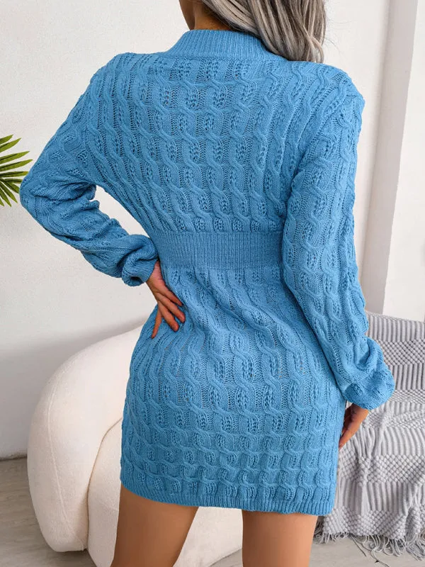 Cable Knit Mini Dress with Fitted Waist and Long Sleeves
