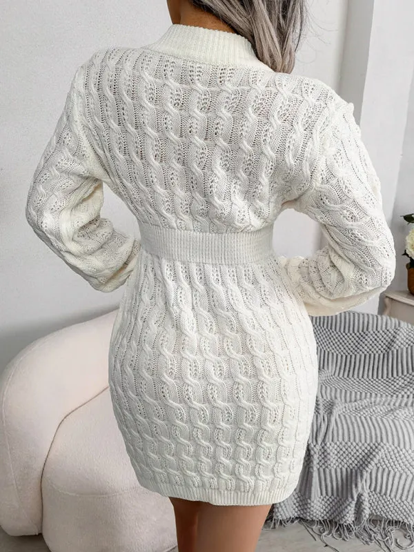 Cable Knit Mini Dress with Fitted Waist and Long Sleeves