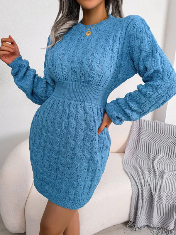 Cable Knit Mini Dress with Fitted Waist and Long Sleeves