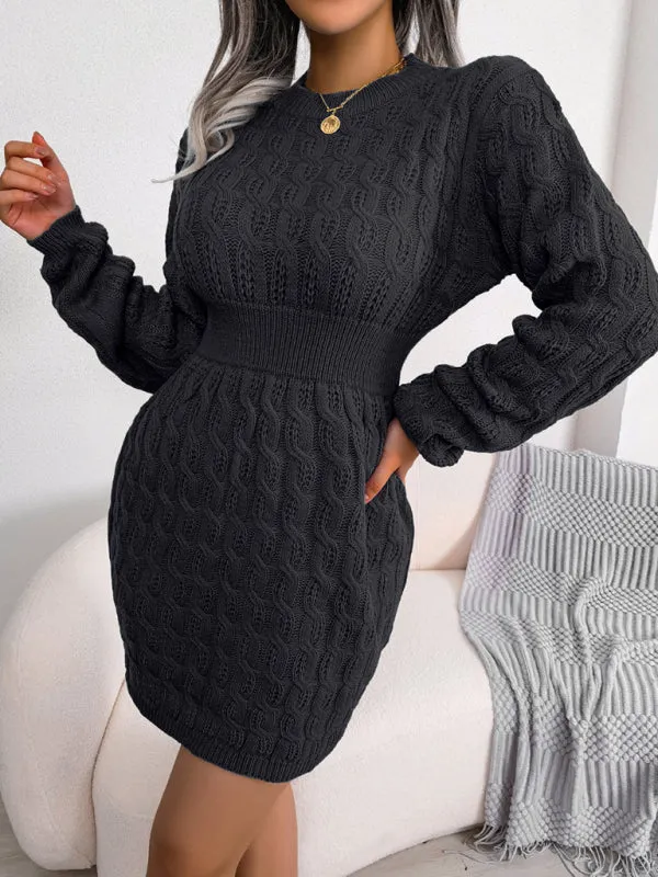 Cable Knit Mini Dress with Fitted Waist and Long Sleeves