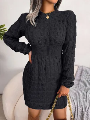 Cable Knit Mini Dress with Fitted Waist and Long Sleeves