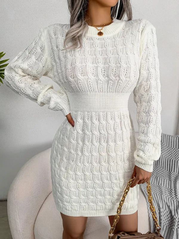 Cable Knit Mini Dress with Fitted Waist and Long Sleeves
