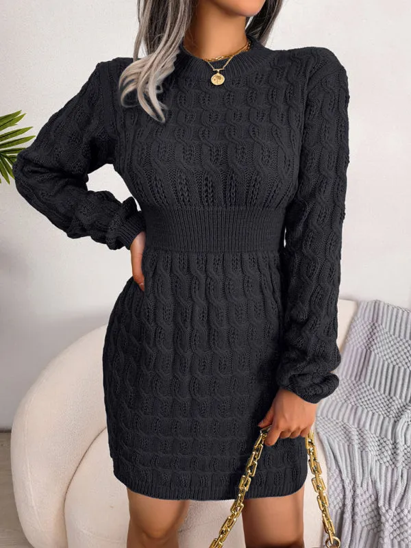 Cable Knit Mini Dress with Fitted Waist and Long Sleeves
