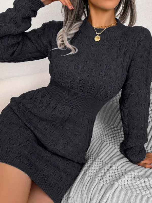 Cable Knit Mini Dress with Fitted Waist and Long Sleeves