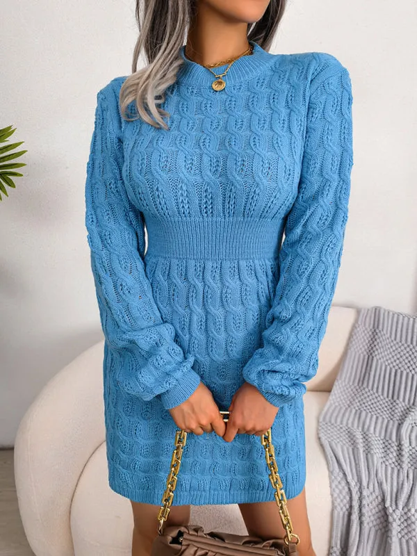 Cable Knit Mini Dress with Fitted Waist and Long Sleeves