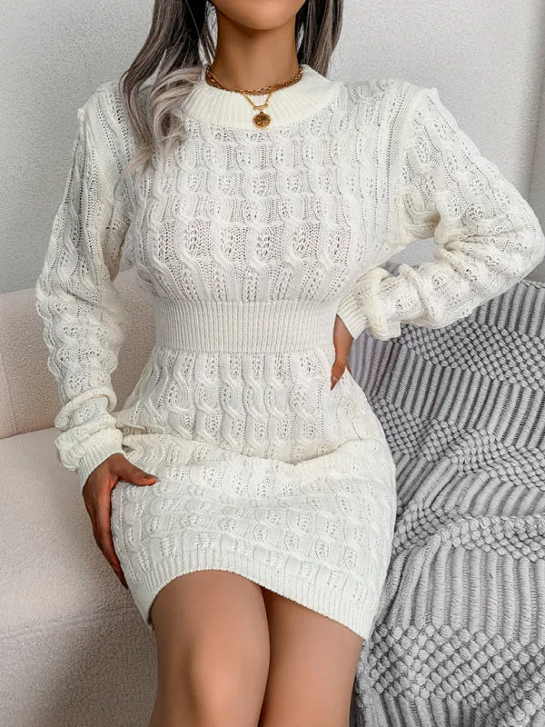 Cable Knit Mini Dress with Fitted Waist and Long Sleeves