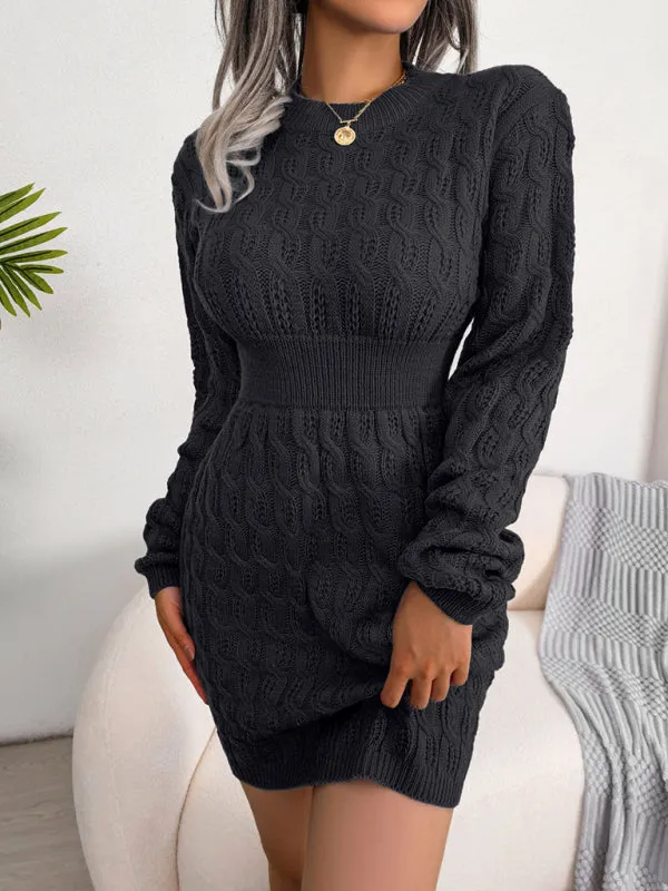 Cable Knit Mini Dress with Fitted Waist and Long Sleeves